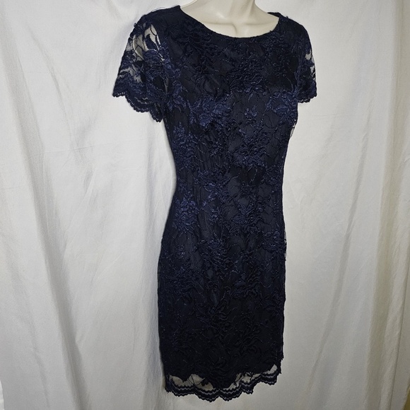 VTG Women ABS Evening Collection Neiman Marcus Navy Blue Floral Lace Dress Sze 4 - Picture 2 of 15